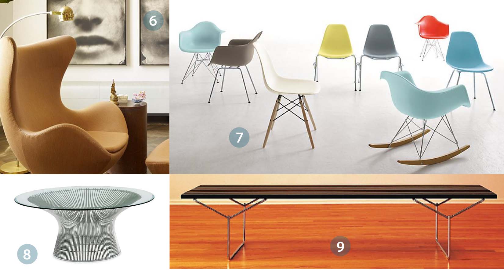 Mid-century modern armchairs and tables curated by California interior designer