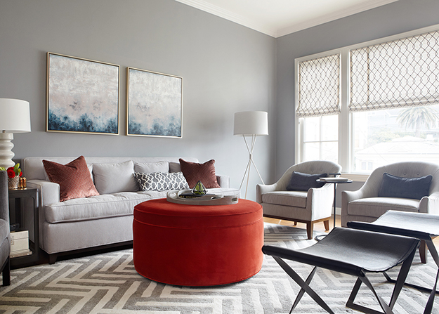 Luxe living room with patterned rug and contemporary furniture in Pacific Heights San Francisco 