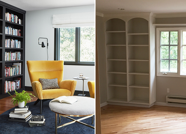 Before + after of library in mid-century modern home designed by California interior designer