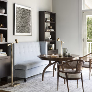 Custom upholstered banquette in Atherton home designed by California interior designer