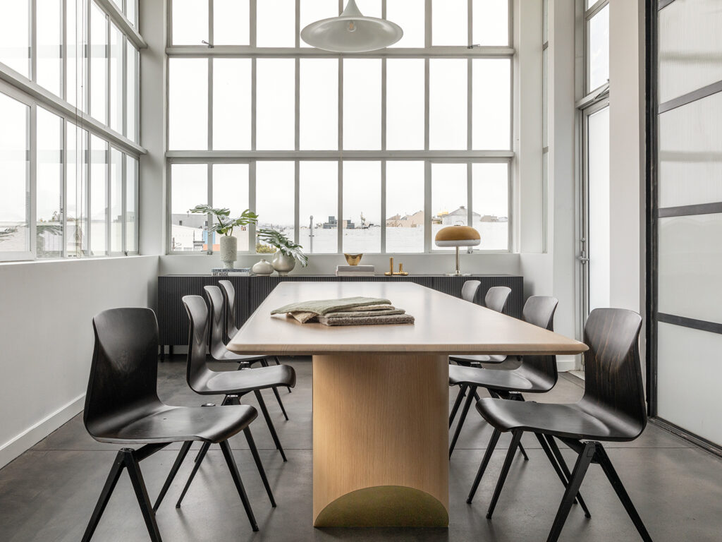 Modern conference room with high ceilings used for meetings with San Francisco Bay Area interior design clients 