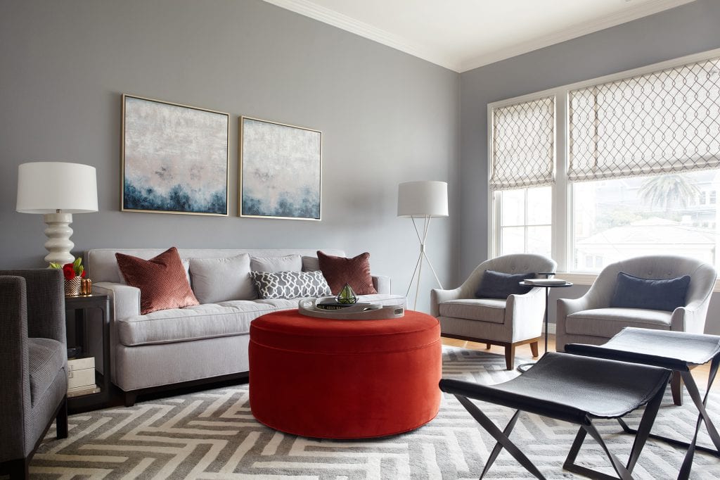 San Francisco living room with moody grey walls and contemporary furniture designed by Bay Area interior designers