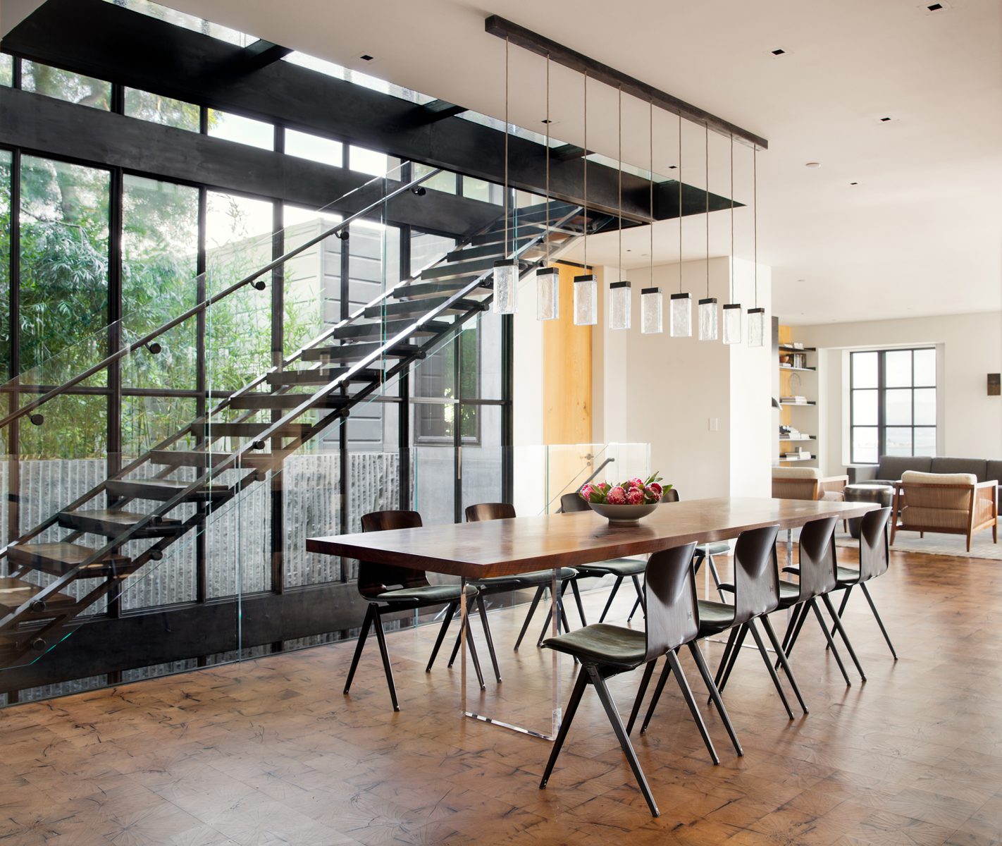 Dining Room with modern architectural staircase in Telegraph Hill, San Francisco Custom home