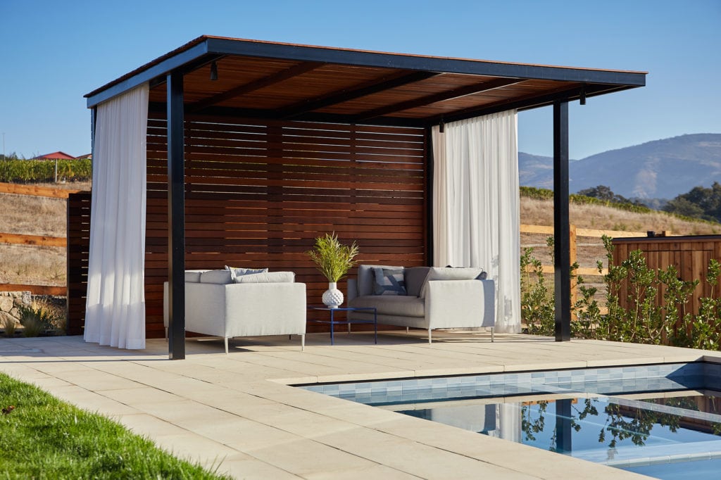 Modern poolside cabana at Napa vacation home designed by California interior designer 