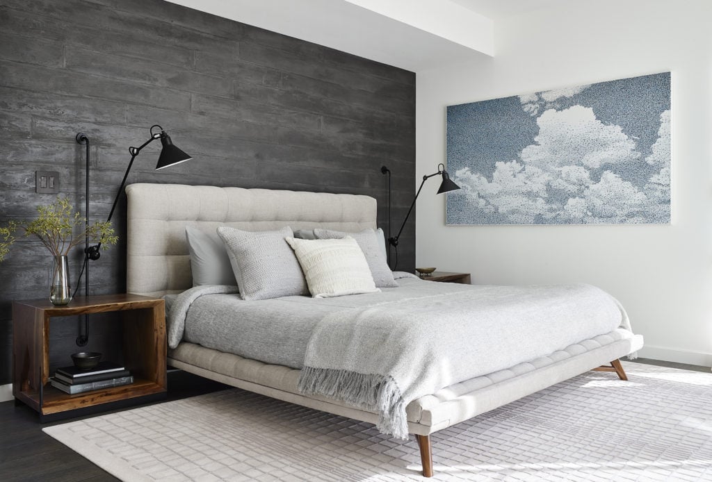 Primary bedroom design with custom tufted bed in a Napa Vacation Home designed by California interior designer