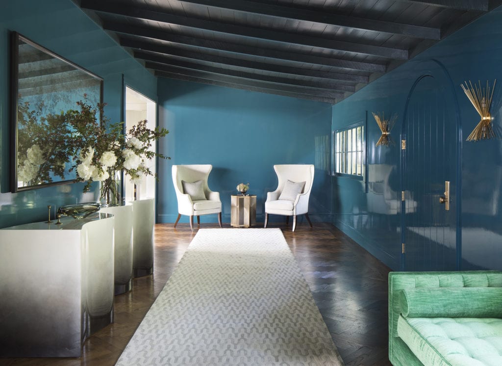 Dramatic lacquered foyer in a Woodside home designed by Napa interior designer