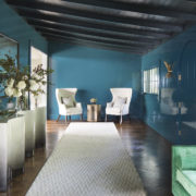 Dramatic lacquered foyer in a Woodside home designed by Bay Area interior designers