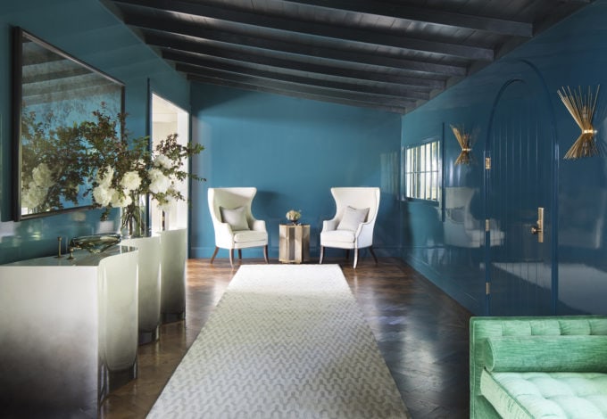 Dramatic lacquered foyer in a Woodside home designed by Napa interior designer