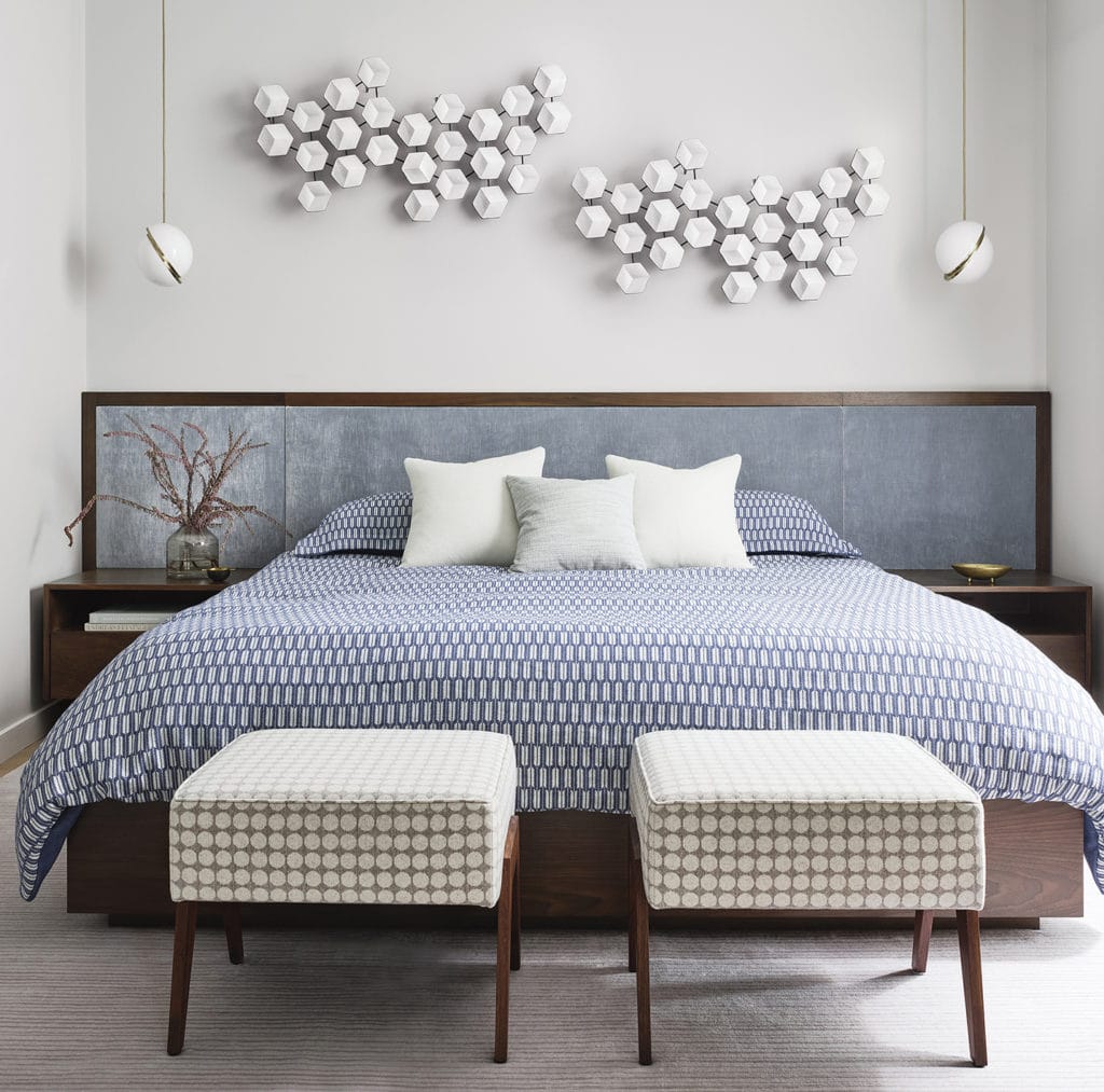 Custom upholstered bed in Noe Valley, San Francisco home designed by Bay Area interior designers