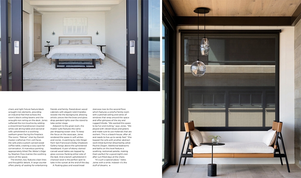 Primary bedroom and living room of a mid-century modern beach house renovation in California designed by Bay Area interior designers