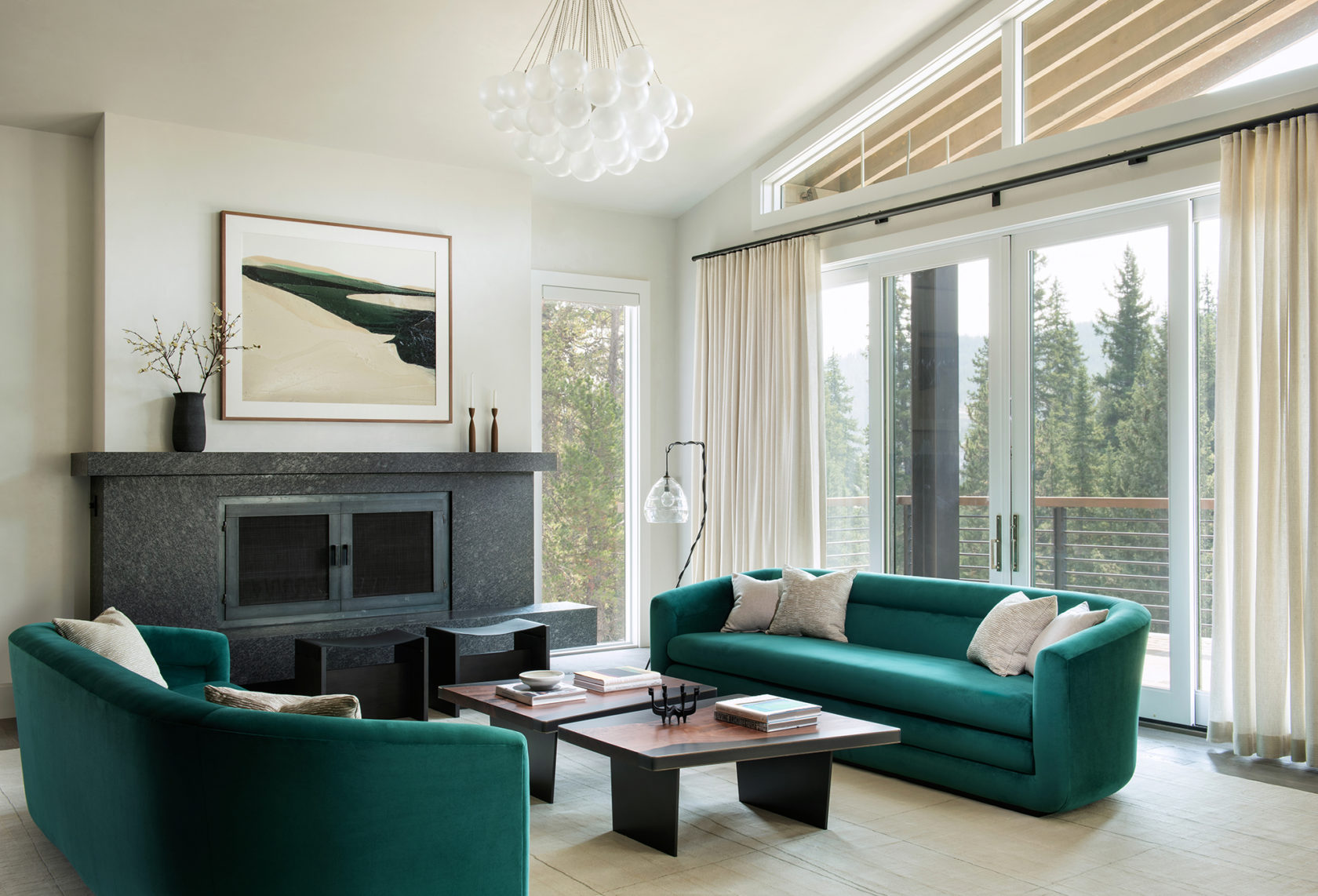 Modern living room with emerald green velvet sofas designed by Niche Interiors, award winning Bay Area interior designers