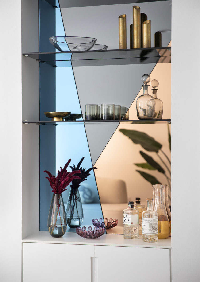 Custom home bar with geometric mirrors in San Francisco Home