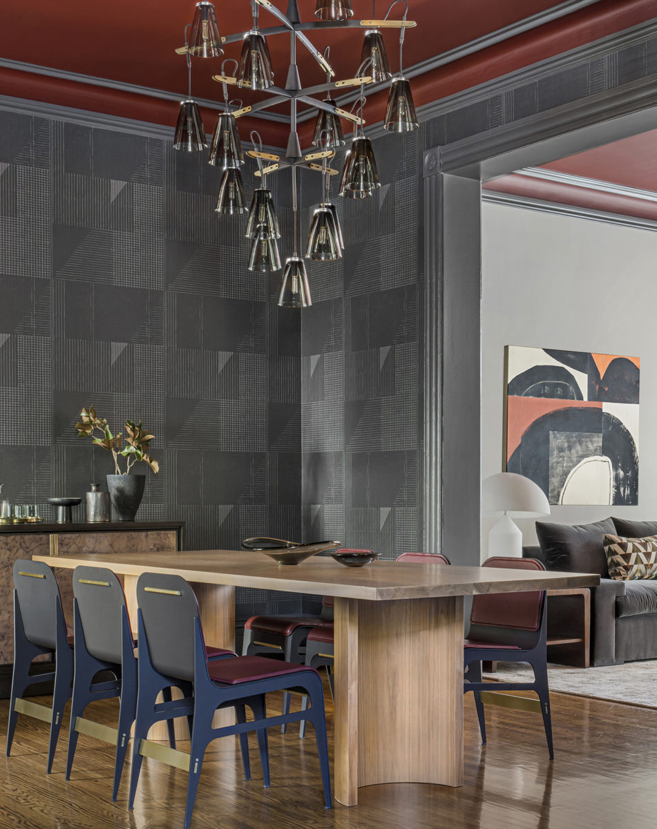 luxury dining room design with graphic wallpaper in San Francisco, California