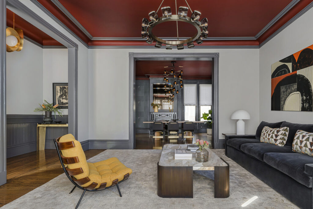 Formal Living Room in Hayes Valley with oxblood ceiling and grey trim by San Francisco Bay Area Interior Design Firm 