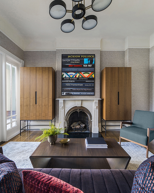 Modern media room in high-end home designed by San Francisco Bay Area Interior design firm Niche Interiors 