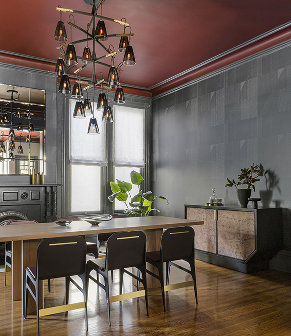 Luxurious San Francisco Dining Room Design with red ceilings and dramatic chandelier by High-end San Francisco Interior designer Niche Interiors