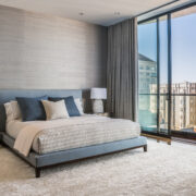 luxury primary bedroom in pacific heights neighborhood of San Francisco with views of Alcatraz and the bay. designed by niche interiors