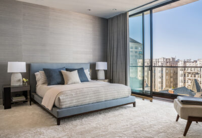 luxury primary bedroom in pacific heights neighborhood of San Francisco with views of Alcatraz and the bay. designed by niche interiors