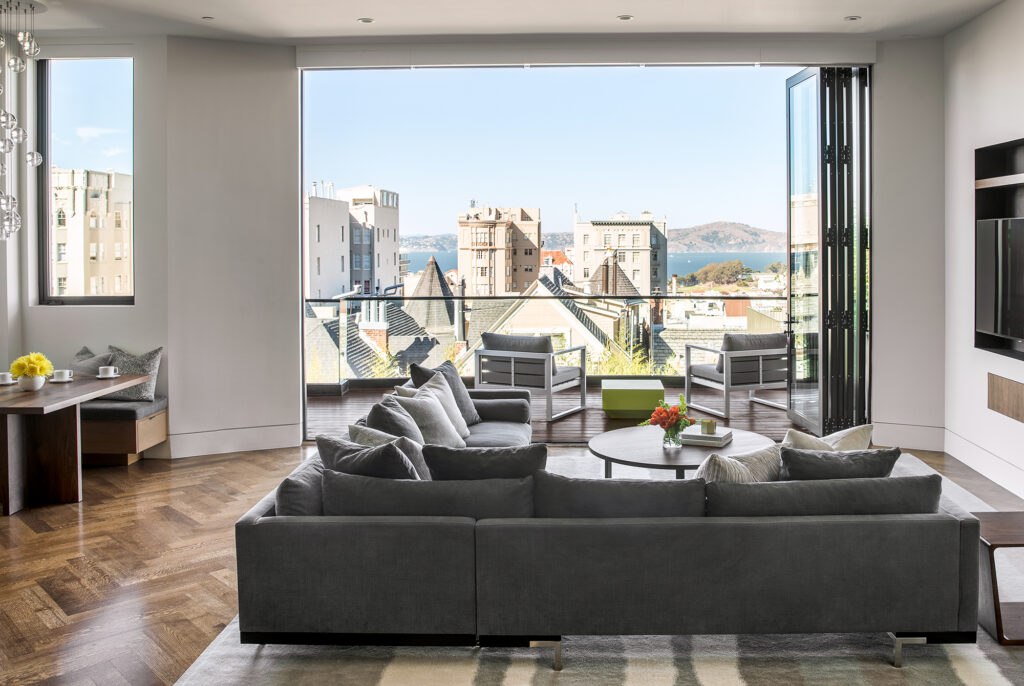 luxury interior design of pacific heights home by niche interiors, with views of the Bay